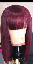 Load image into Gallery viewer, **Burgundy Red 99J Short Bob Wigs with Bangs Lace Front Human Hair Wig (GLUELESS)
